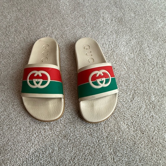 Gucci Cream Slides with Red and Green Accents/ Gucci GG logo slides